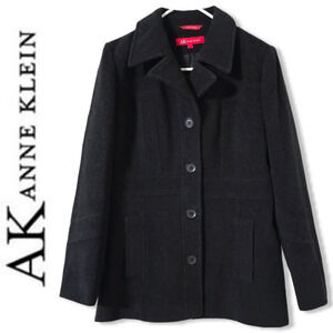 Vintage ANNE KLEIN Single Breasted Short Peacoat in Dark Charcoal, 100% Wool